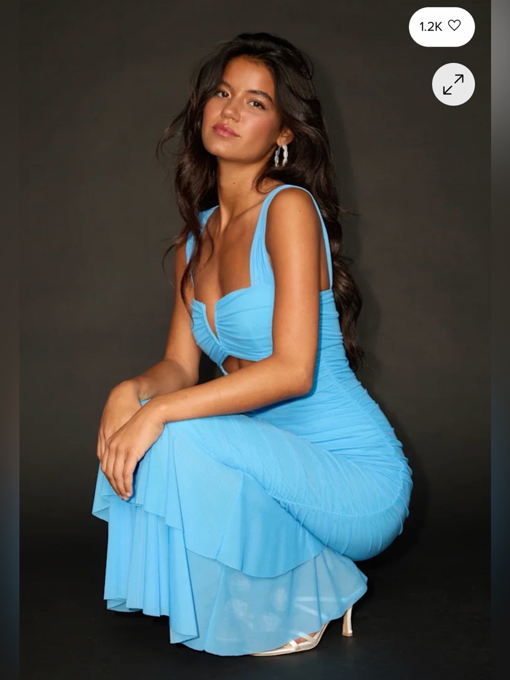 Aelara Turquoise Mesh Ruched Trumpet Midi Dress